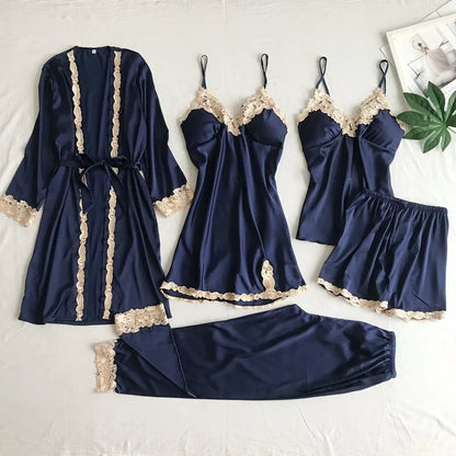 2024 New Style Pajamas Set with Bra Pads, Silk Sexy Strappy Golden Floral Five-Piece Pajamas Thin Homewear
