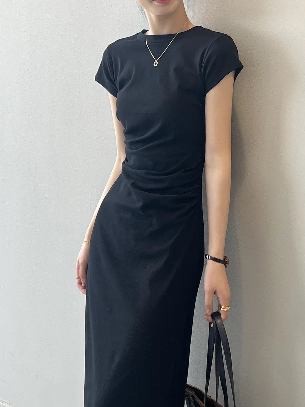Slim Fit T-irt Dr Women's Spring Summer ort Sve Pleated Waist Cinching A-Line Midi Dr Small Stature 50