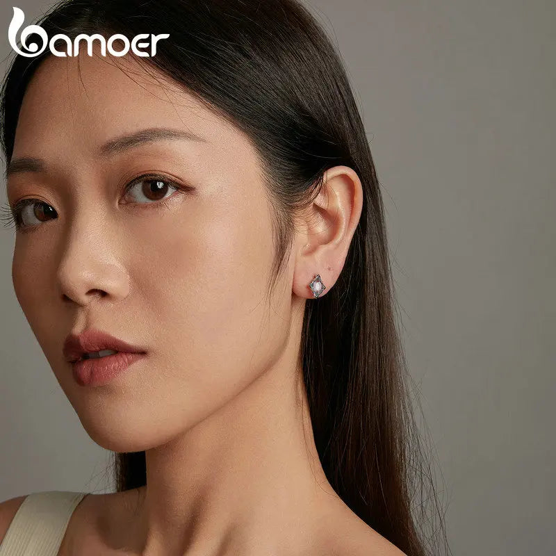 BAMOER Original 925 Sterling Silver Blue Starry Stud Earrings White Gold Hypoallergenic Earrings for Women Fine Jewelry Gift