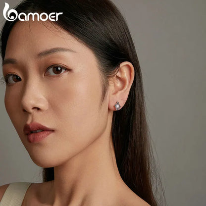 BAMOER Original 925 Sterling Silver Blue Starry Stud Earrings White Gold Hypoallergenic Earrings for Women Fine Jewelry Gift