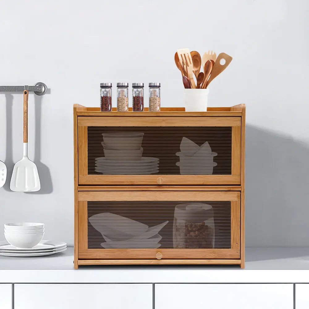 2-Tier Bamboo Storage Cabinet Large Storage Space Countertop Storage Cabinet