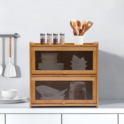 2-Tier Bamboo Storage Cabinet Large Storage Space Countertop Storage Cabinet