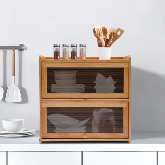 2-Tier Bamboo Storage Cabinet Large Storage Space Countertop Storage Cabinet