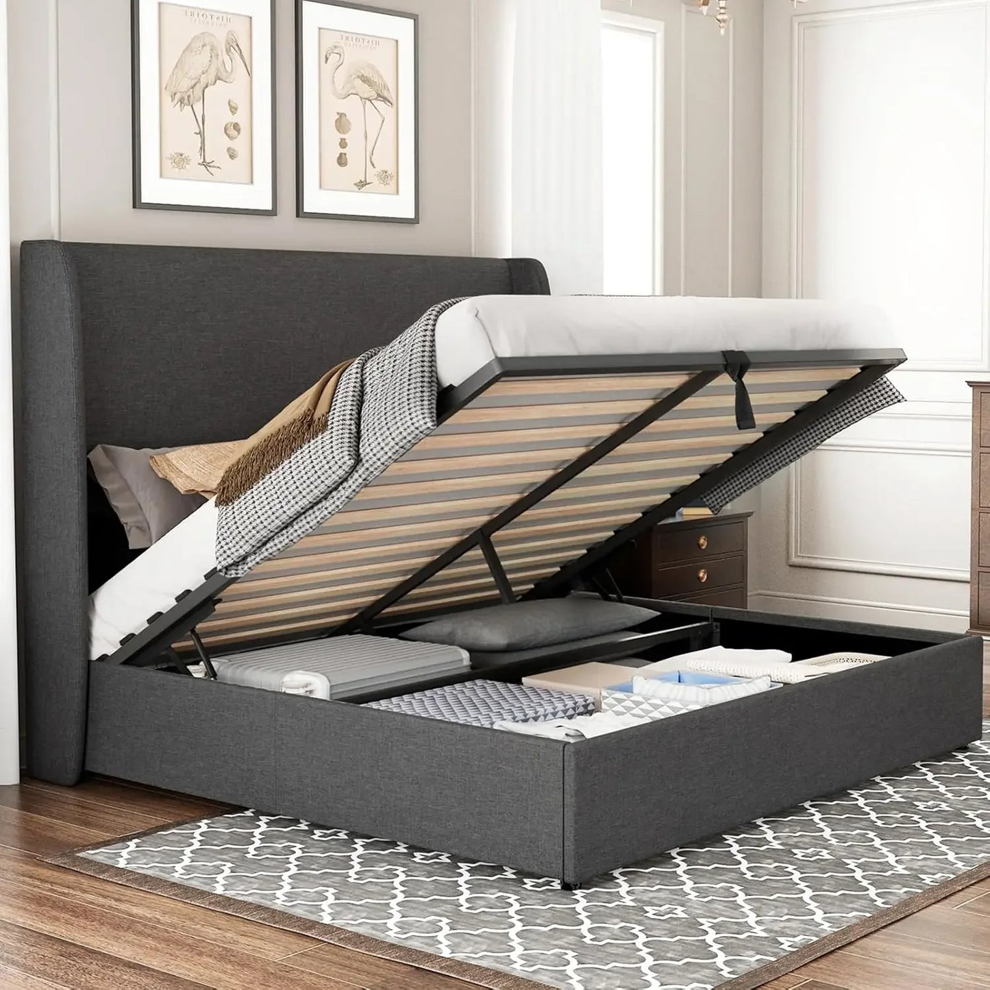 Lift Up Storage Bed  Linen Upholstered Platform Bed Frame/Hydraulic Storage/Modern Wingback Headboard/No Box Spring Needed