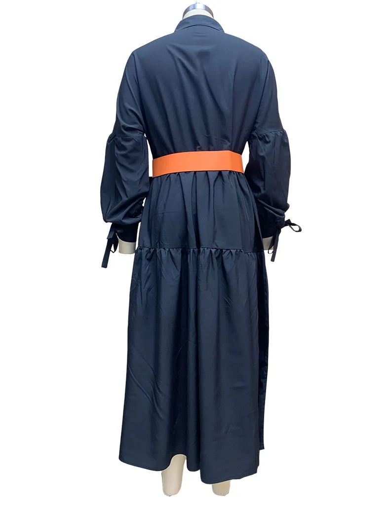 2024 Autumn New Women's Clothing Solid Color Fashionable Temperament Long Sleeved Sleeve Lace Up Casual Mid Length Lapel Dress