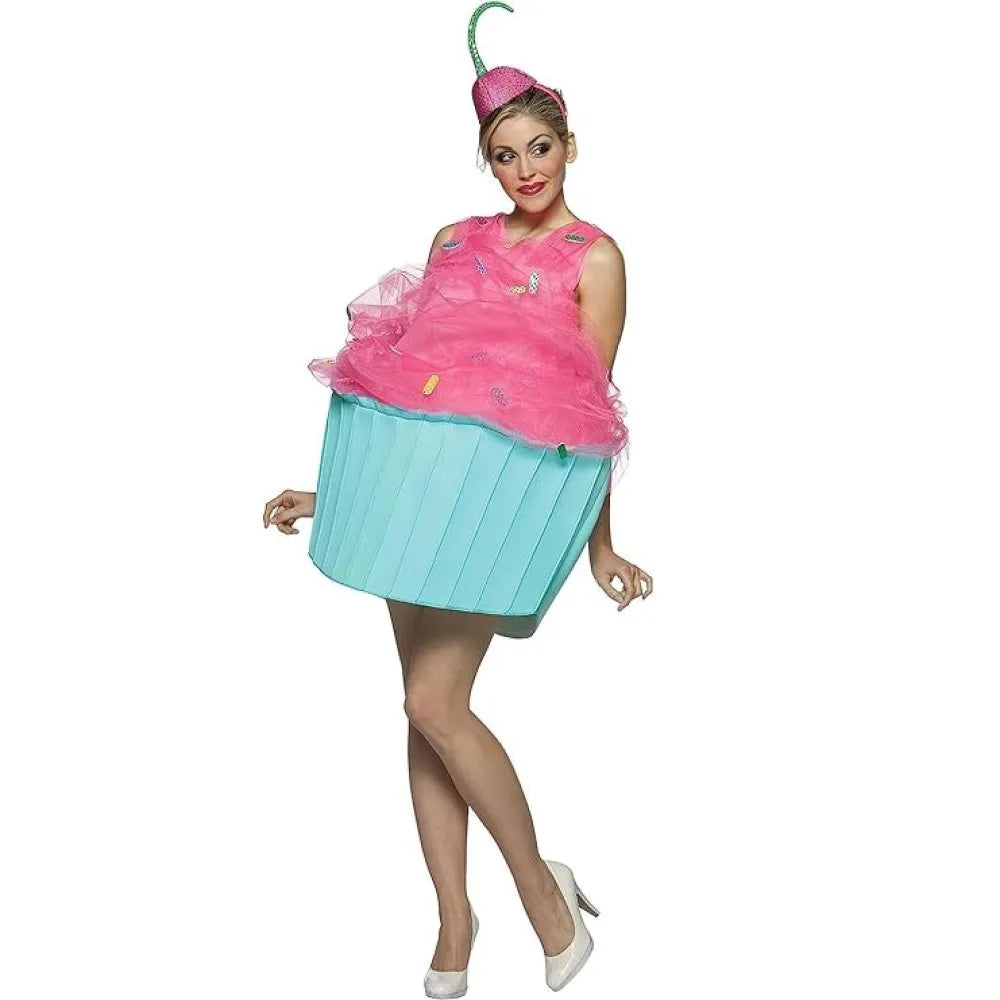 Playful women's cupcake costume with pink frosting and a blue cupcake base for fun celebrations