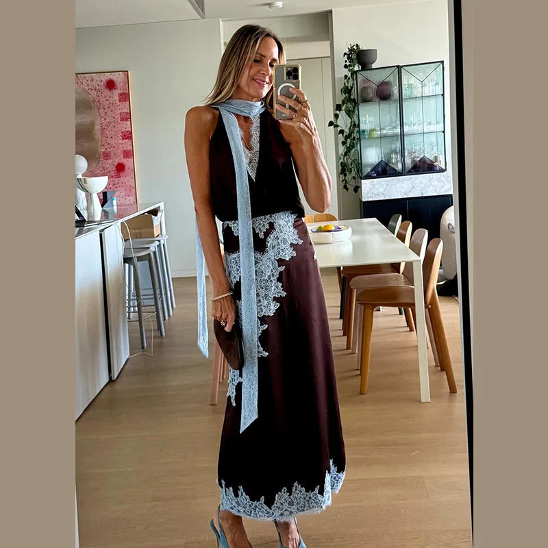 Contrast Patchwork Lace Maxi Skirt Suit Women Satin V-neck Sleeveless Skirts Suits 2025 Lady Summer Casual Daily 2 Pieces Set