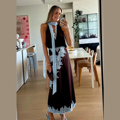 Contrast Patchwork Lace Maxi Skirt Suit Women Satin V-neck Sleeveless Skirts Suits 2025 Lady Summer Casual Daily 2 Pieces Set