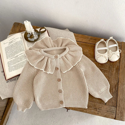INS Spring and Autumn Infants' 0-3 Year Old Girl Baby Fashion Ruffle Collar Knitted Coat Small Cardigan Sweater Top