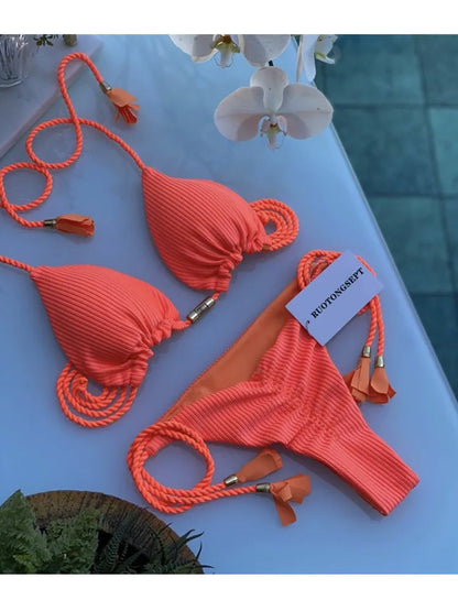 Women's Bikini New Special Fabric Solid Color Rope Swimsuit Multicolor