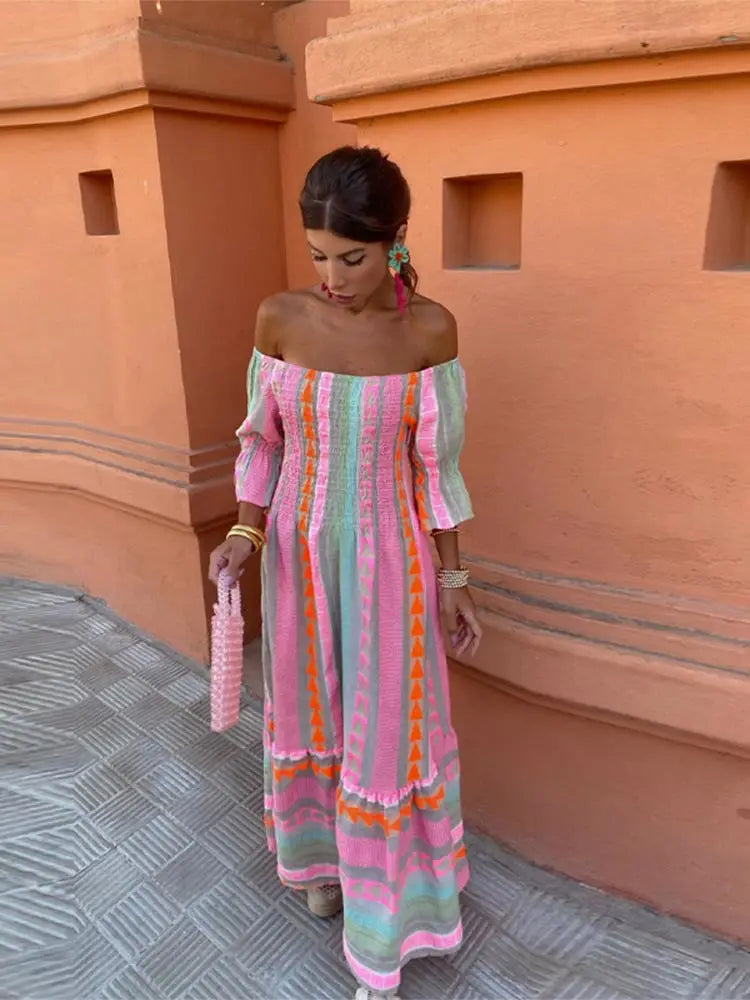 Colorful Rainbow Stripe Print Ruffles Dress Women Sexy Off Shoulder Backless Flods Vestidos Summer Chic Female High Streetwear