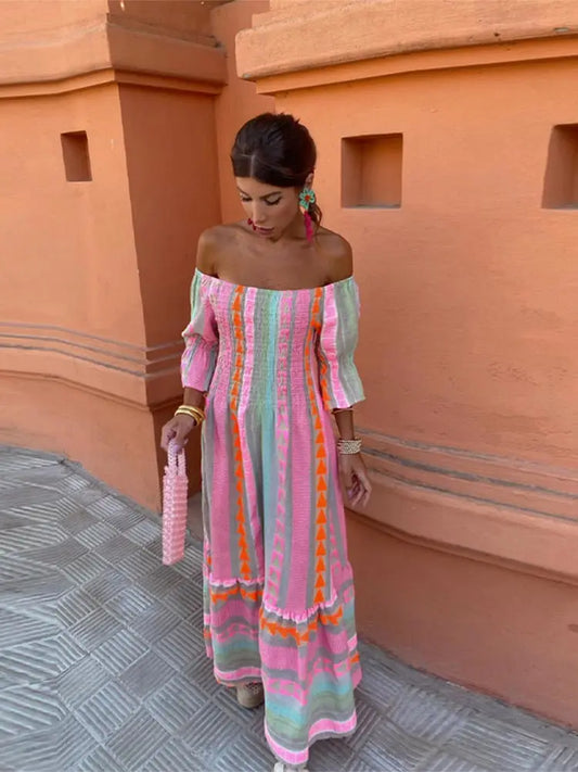 Colorful Rainbow Stripe Print Ruffles Dress Women Sexy Off Shoulder Backless Flods Vestidos Summer Chic Female High Streetwear