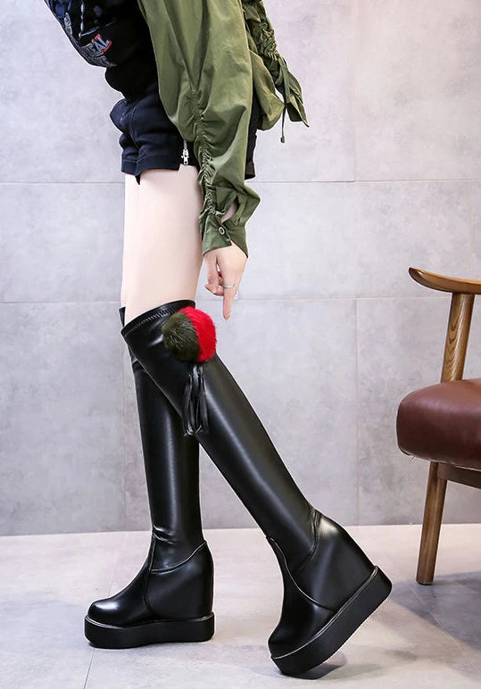 Knee Thigh High New In Women's Boots Genuine Leather Fur Long Shoes for Women Winter 2025 Wedges Chunky Platform Heeled Black