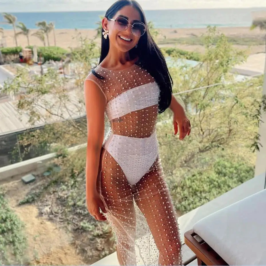 Yiiciovy Women's Bikini Cover-Ups Dress Ladies Sleeveless Dress with Pearl Decoration See Through Mesh Sheer Pool Party Dresses