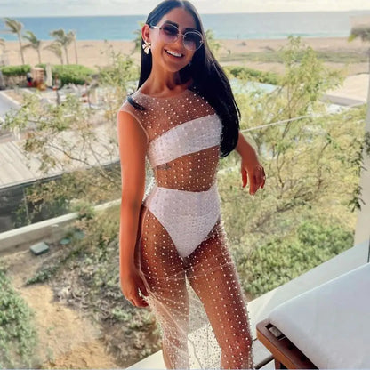 Yiiciovy Women's Bikini Cover-Ups Dress Ladies Sleeveless Dress with Pearl Decoration See Through Mesh Sheer Pool Party Dresses