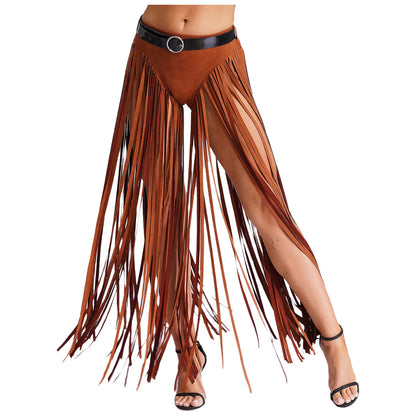 Womens Hippy Cosplay Costume High Waist Suede Underwear with Long Tassels And Belt Halloween Dress Up 70s Disco Costume