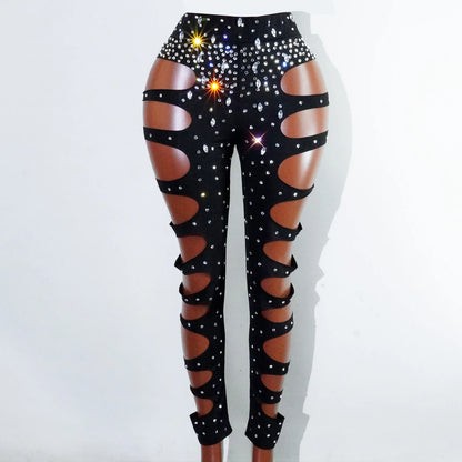 rhinestHollow Out Sexy Black Women Bodysuit pants Sets Long Sleeve Turtleneck Bodysuits Clubwear Costumes Stars Hot Singer Stage