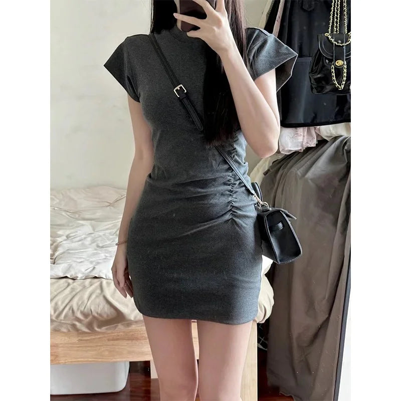 Slim Fit T-irt Dr Women's Spring Summer ort Sve Pleated Waist Cinching A-Line Midi Dr Small Stature 50