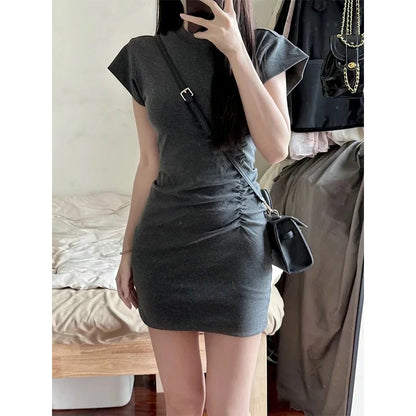 Slim Fit T-irt Dr Women's Spring Summer ort Sve Pleated Waist Cinching A-Line Midi Dr Small Stature 50
