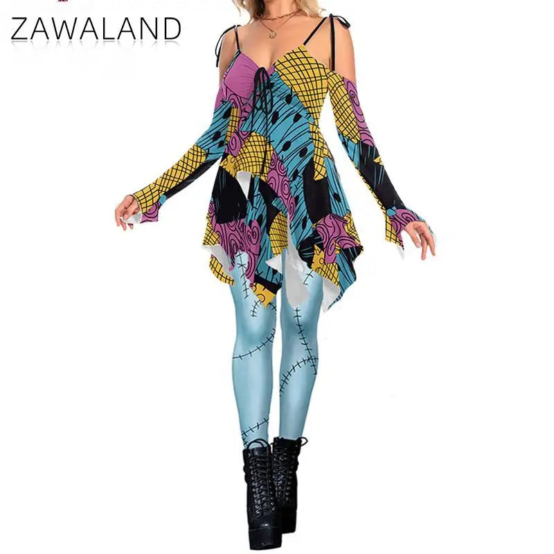 Zawaland Christmas Horror Sally Cosplay Costume Zombie Dress for Women Halloween Dress Up Funny Party Dresses Leggings Suit