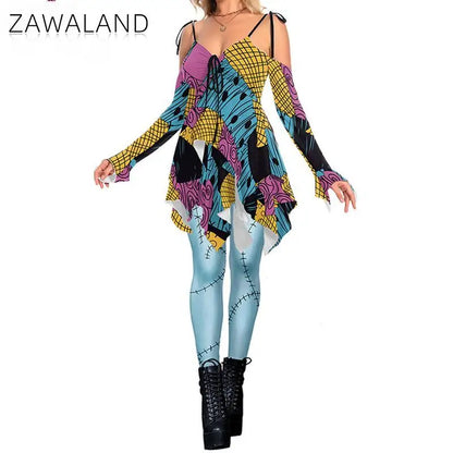 Zawaland Christmas Horror Sally Cosplay Costume Zombie Dress for Women Halloween Dress Up Funny Party Dresses Leggings Suit