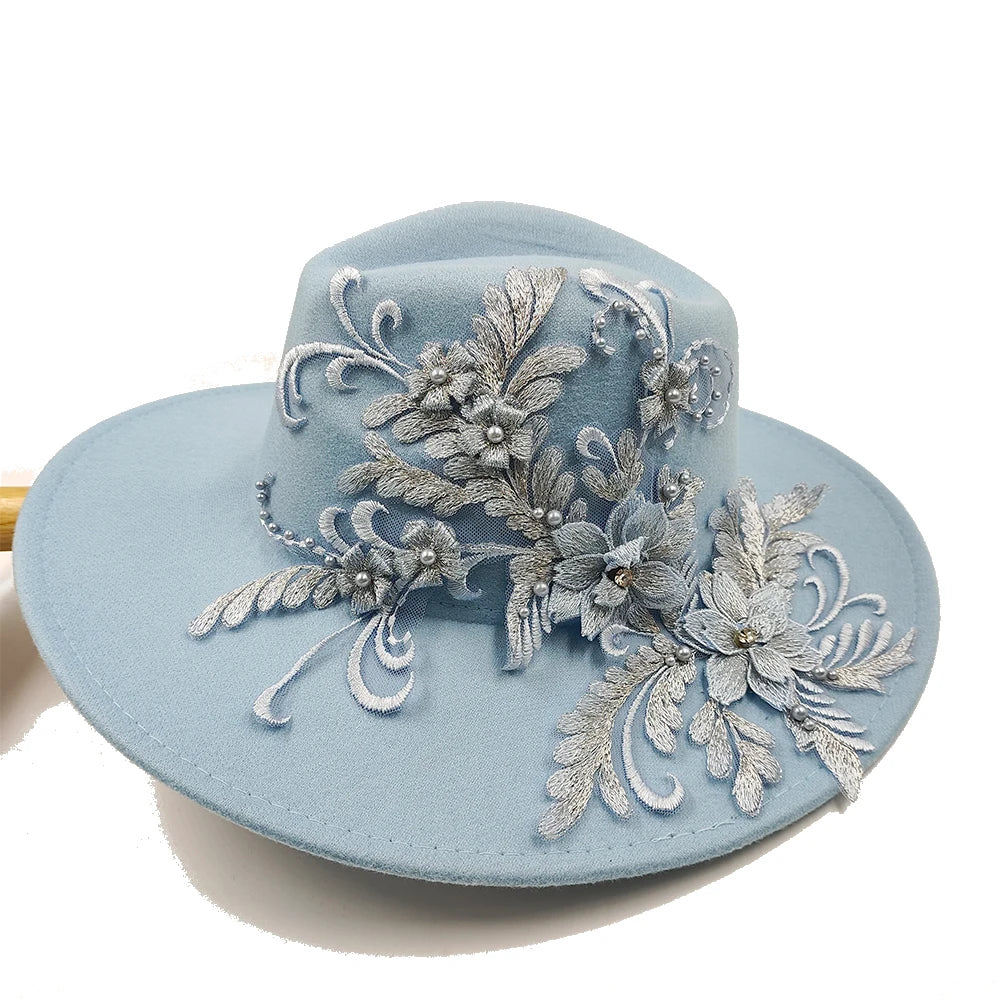 Embroidered three-dimensional flower fedora hat Women's jazz top hat Spring and autumn panama church fashion elegant wedding Hat