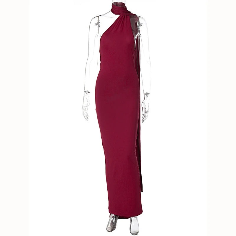 Hugcitar One Shoulder Backless Adjustable Scarf Loop Ruched Sexy Maxi Dress 2025 Women Elegant Y2K Streetwear Festival Outfit