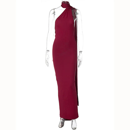 Hugcitar One Shoulder Backless Adjustable Scarf Loop Ruched Sexy Maxi Dress 2025 Women Elegant Y2K Streetwear Festival Outfit