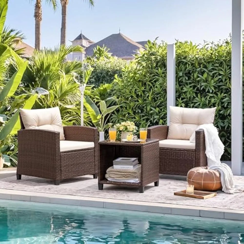 3 Pieces Patio Furniture Set, PE Rattan Wicker Patio Set with, Patio Chairs and Table for Porch, Garden Poolside Balcony