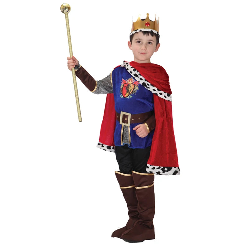 Child dressed in a king costume for adults and kids with crown, cape, and scepter for royal celebrations