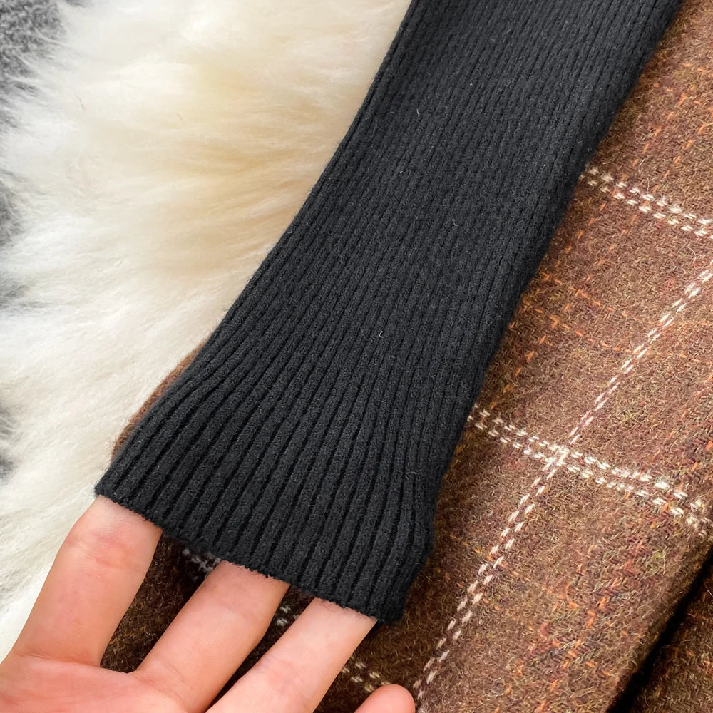 High Quality Fall Winter Women Sweater Overalls Dress Sets Casual Knitted Tops +Plaid Woolen Dress 2 Piece Sets Outfits Female