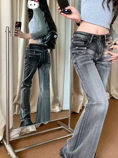 Women Gothic Y2k Flare Jeans Harajuku Baggy Denim Trousers 90s Aesthetic Low Waist Jean Pants Vintage 2000s Trashy Clothes 2024