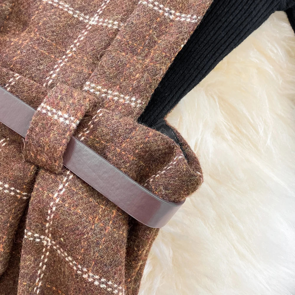 High Quality Fall Winter Women Sweater Overalls Dress Sets Casual Knitted Tops +Plaid Woolen Dress 2 Piece Sets Outfits Female