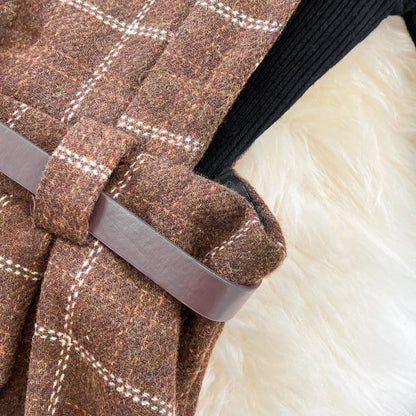 High Quality Fall Winter Women Sweater Overalls Dress Sets Casual Knitted Tops +Plaid Woolen Dress 2 Piece Sets Outfits Female