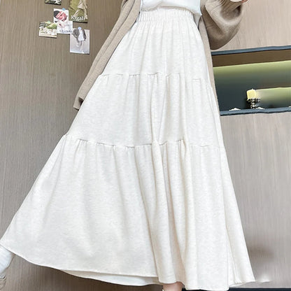 Autumn Casual Knit Pleated Skirt for Women Elegant Solid Color A Line Long Skirts Korean Streetwear High Waist Patchwork Skirt