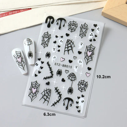 Spooky Halloween Stickers For Nails Cartoon Ghost Spider Web Heart Designs Spider Bat Adhesive Decals Holiday Manicure Supplies