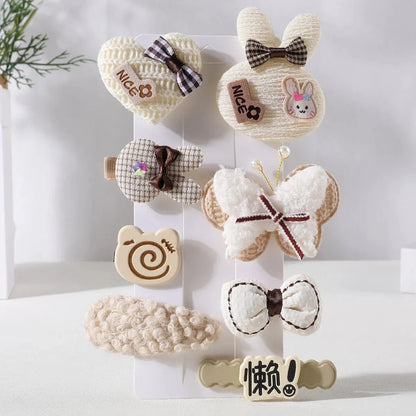 8Pcs/Set Korean Cartoon Hair Clips for Girls Winter Cute Plush Flower Rabbit Hairpins Knitting Barrettes Kids Hair Accessories