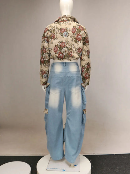 CM.YAYA Washed Denim Women's Set Full Sleeve Floral Jacket and Pockets Cargo Jeans Pants Suit 2024 Street Two 2 Piece Set Outfit