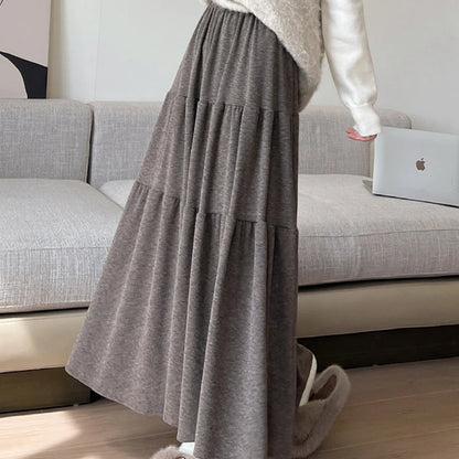 Autumn Casual Knit Pleated Skirt for Women Elegant Solid Color A Line Long Skirts Korean Streetwear High Waist Patchwork Skirt