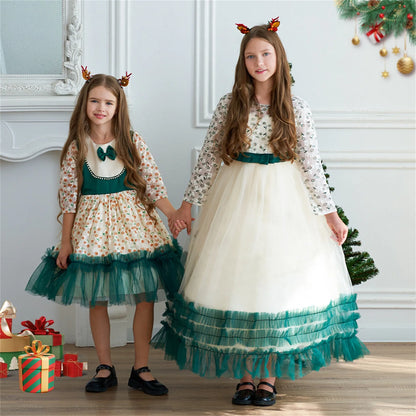 Christmas Kids Girls Green Dresses For Kids Long Sleeve Party Princess Clothes Costume 4-14 Yrs Elegant Wedding Evening Vestidos