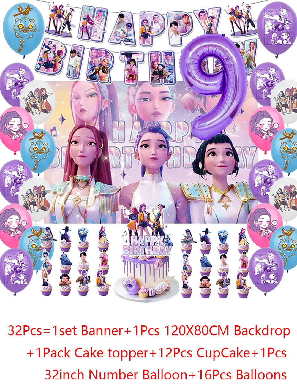 Demon Hunters Party Cutlery Set Banner Backdrop Balloons Cake Topper Outdoor Picnic Supply Birthday for Korean Kpop Anime Party