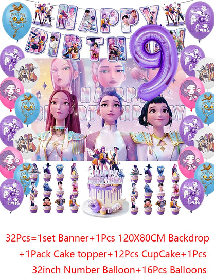Demon Hunters Party Cutlery Set Banner Backdrop Balloons Cake Topper Outdoor Picnic Supply Birthday for Korean Kpop Anime Party