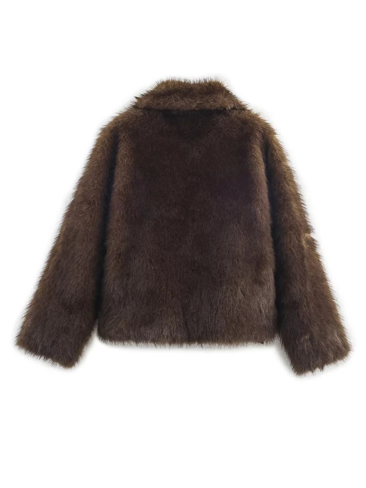 HH Winter Woman Elegant Casual Warm Coat Women Lapel Buttons Pocket Long Sleeves Outwear Reversible Faux Fur Effect Jacket