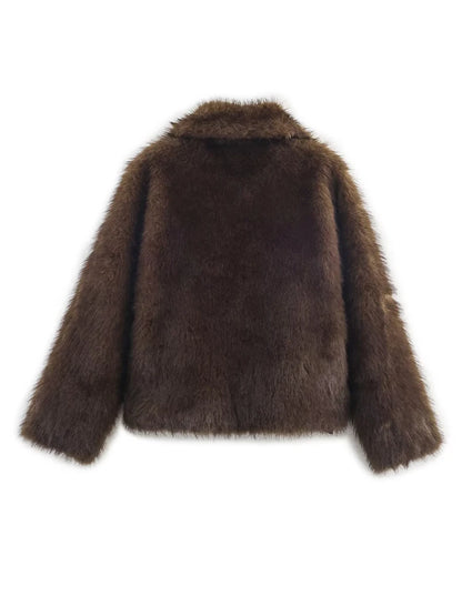 HH Winter Woman Elegant Casual Warm Coat Women Lapel Buttons Pocket Long Sleeves Outwear Reversible Faux Fur Effect Jacket