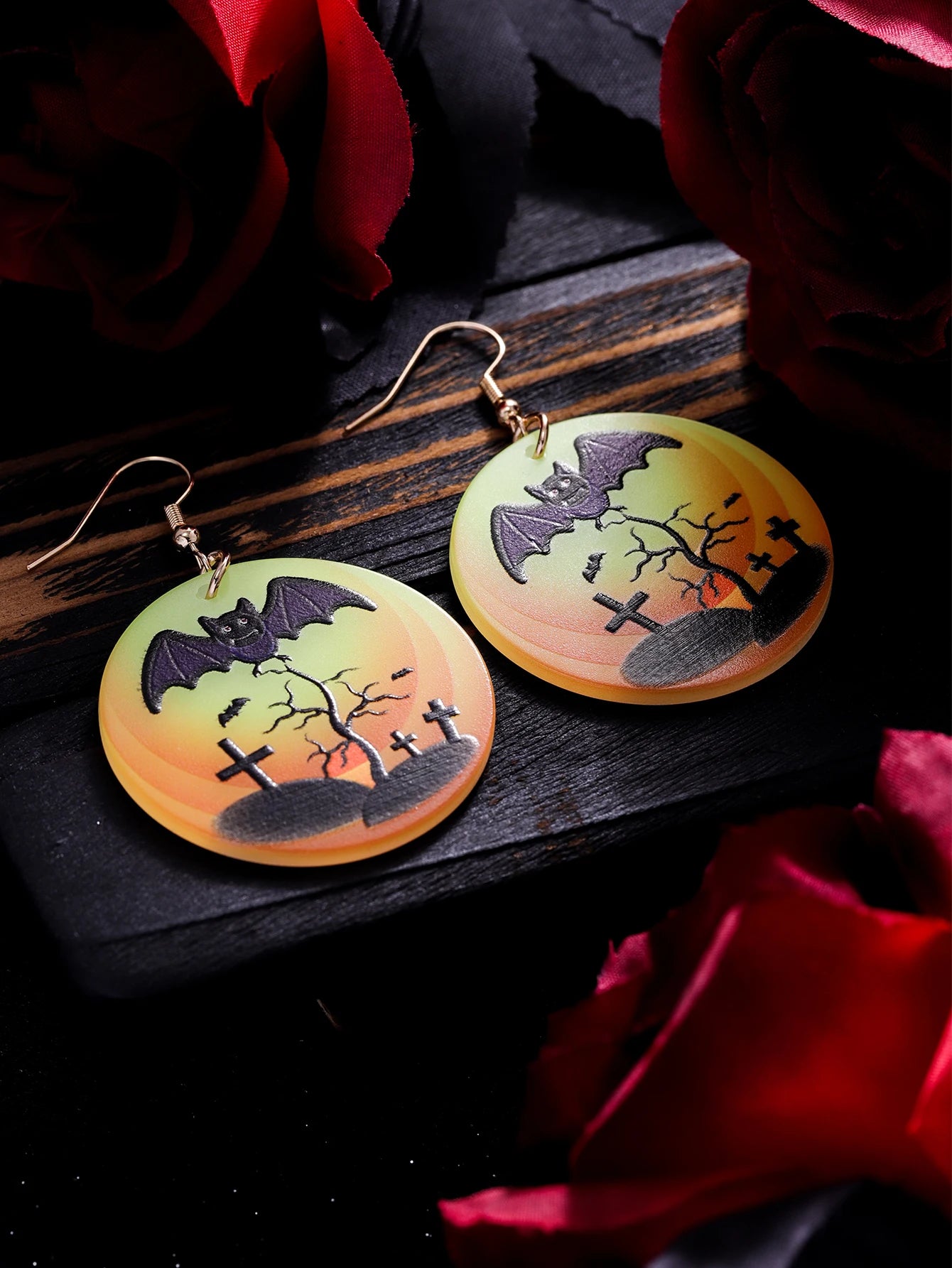 EtherealBe Halloween earrings for women featuring bats and gravestones on colorful circular design