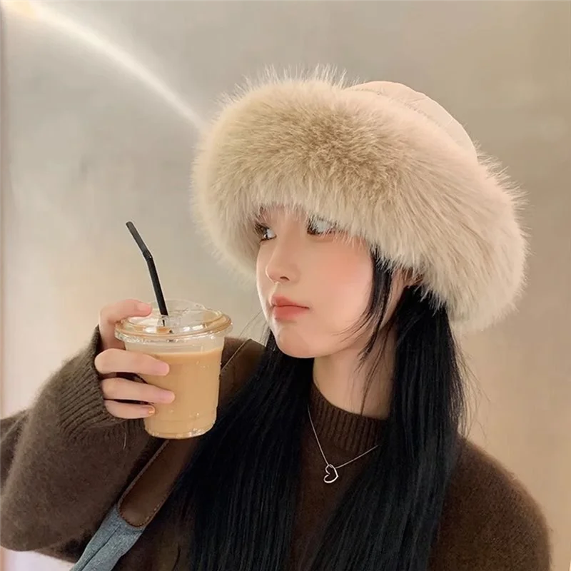 HOES-Women's Bucket Hat Plush Protection From Cold Fashionable Winter Hat For Women Winter Cap -Black