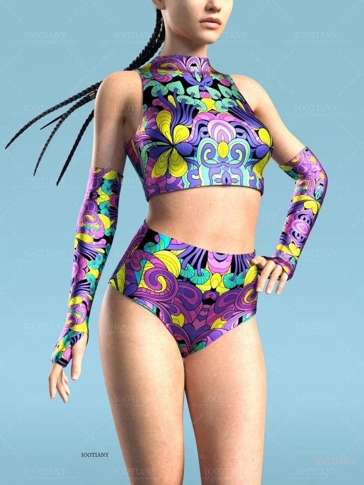 Adult Sleeveless Multicolor Role Play Bodysuit Swimsuit Women Sexy Hollow Off Shoulder Graffiti Art Bodycon Performance Costume