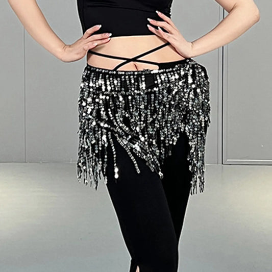 Belly Dance Skirts for Women Midi Length Women Belly Dance Training Waist Chain Short Wrap Hip Skirt With Sequin Fringe Skirts