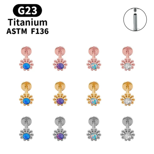 G23 Titanium Lip Labret Nose ASTM-F136 Piercing Body Jewelry Opal Zircon Internally Threaded Earring Helix Tragus Cartilage Ear