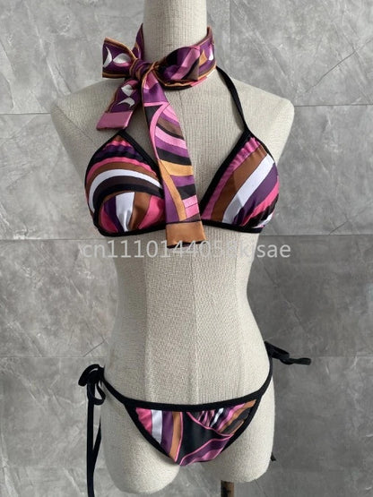 Luxury Design Women's Black Red Scarf Bikini Sets Letter Signature Logo Beachwear Designer Brand Lady Headband Swimsuit Swimwear